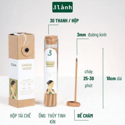 Nhang Thủ Công Đàn Hương 3 Lành Hộp 30 Que 100 % Tự Nhiên Tặng Kèm Đế Chăm Không Hóa Chất Xông Thơm