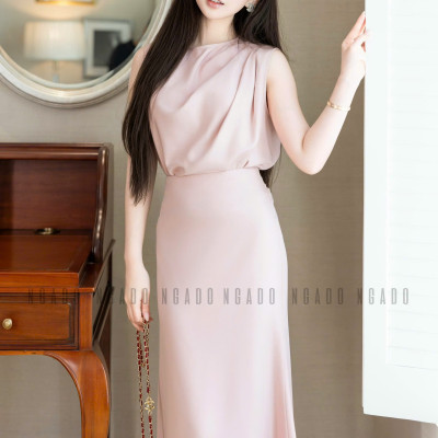 Set áo váy hồng sát nách xếp ly NGADO , set áo váy dài , set áo váy hồng