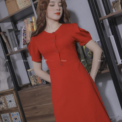 Váy Vải Trơn Cúc Trước Màu Đỏ Cao Cấp 23V059