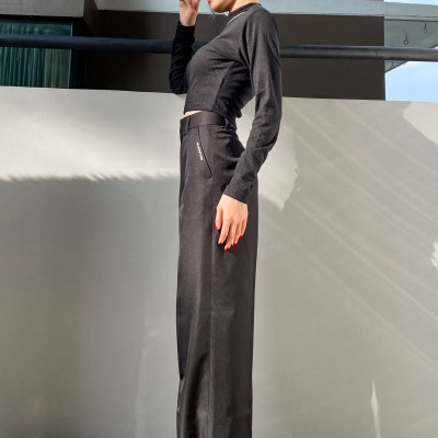 LAAS Quần ống đứng tag túi đen thanh lịch sang trọng