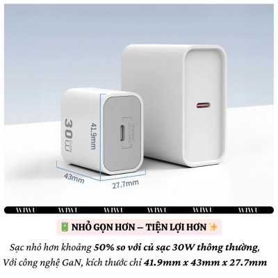 Bộ cóc củ dây sạc nhanh 30W USB C kèm dây Type C to Type C 60W PPS chống cháy hiệu WIWU GAN ESSEN Fast Charger cho iPhone 6 15 14 13 12 11 cho iPad S24 S25 Find Flip Fold - Hàng nhập khẩu