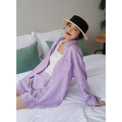 Set bộ áo sơ mi và quần short màu tím pastel nhẹ nhàng, dễ thương, phong cách Hàn Quốc, thích hợp đi chơi, đi làm, đi biển