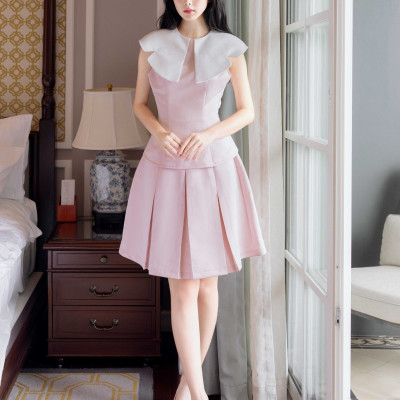 Set áo váy hồng cổ sen NGADO , set áo kèm váy , set váy xếp ly