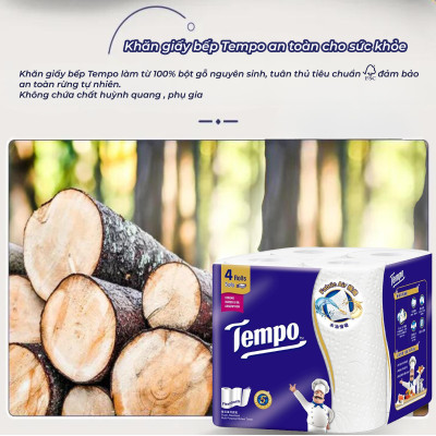 [MUA 1 LỐC KHĂN BẾP CUỘN TẶNG 1 GÓI KHĂN ƯỚT + 1 GIÁ ĐỠ] Khăn giấy bếp đa năng siêu thấm Tempo (4 Cuộn) - Thương Hiệu Đức
