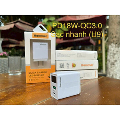 Củ sạc nhanh Ham mer H09 công suất 18W, PD & Quick Charge 3.0A, có LCD hiển thị dòng điện, Hàng chính hãng bảo hành 12 tháng