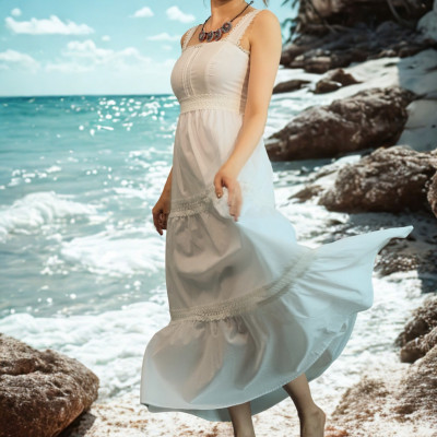 Đầm Maxi Trắng Cotton Hai Dây Đi Biển Du Lịch Resorts Thơ DRE092 Thời trang Hity
