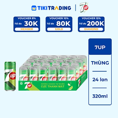 Thùng 24 Lon Nước Ngọt Có Gaz 7Up lon xanh (320ml/lon)