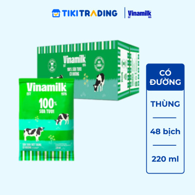 Thùng 48 Bịch Sữa Tươi Tiệt Trùng Vinamilk 100% Có Đường (220ml)