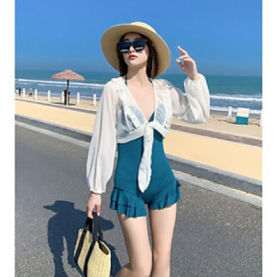 Bộ đồ bơi bikini nữ 1 mảnh giấu bụng tôn dáng đi tắm biển kèm áo ren trắng khoác ngoài chống nắng - B. 04