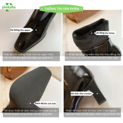 Giày Bốt Nữ Da Bóng Trắng Đen Ôm Chân Đẹp Gót 7 Phân Cổ cao Mũi Nhọn Không Có Khóa