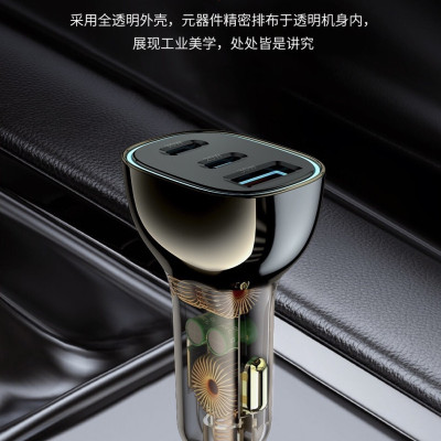 Bộ sạc xe hơi Wiwu 3 In 1 Car Charger Dual USB C + USB A PC700 cho điện thoại sạc nhanh, hỗ trợ sạc 3 cổng một lúc, thiết kế trong suốt - Hàng chính hãng