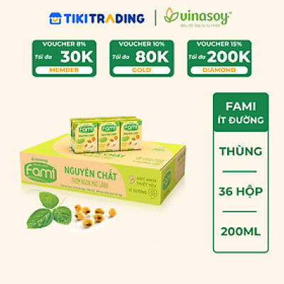 Thùng Sữa đậu nành Vinasoy Fami Nguyên Chất ít đường (200ml x 36 Hộp)