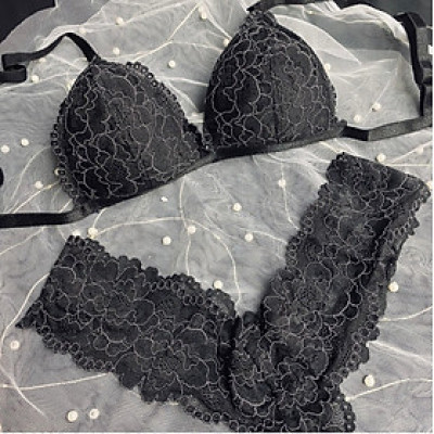 Bộ Nội Y Thiết Kế Ren Cao Cấp Đen Nét Họa Tiết Trắng Có Mút Quần Chữ Y