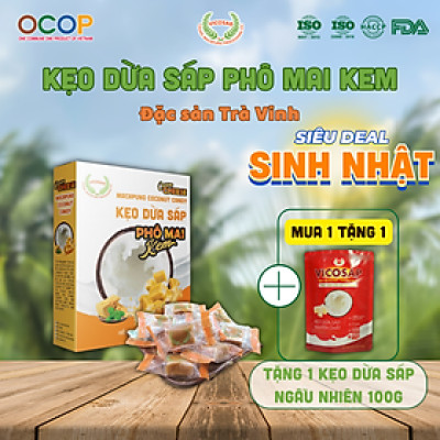 Kẹo dừa sáp VICOSAP vị phô mai kem kẹo mềm dẻo ít đường đặc sản Trà Vinh hộp 100g