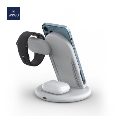 Giá đỡ từ tính kiêm Đế sạc không dây Qi sạc nhanh 15W 3 in 1 hỗ trợ sạc dành cho Apple Airpods / Appe Watch / iPhone hiệu WIWU Power Air Wireless Station (Smartchip, tháo rời và gấp gọn khi không sử dụng) - hàng nhập khẩu