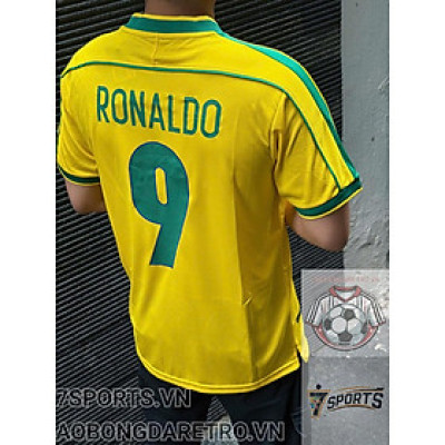 Áo Bóng Đá Retro Tuyển Brazil 1998 - Sân Nhà In Tên Ronaldo Số 9 bản cao cấp vải Cotton Polyester