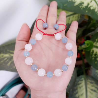 Vòng tay Nữ phong thủy đá mã não trắng mix đá Aqua và bi bạc dễ thương