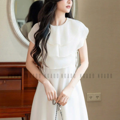 Đầm kem cổ xếp tầng NGADO , đầm xòe