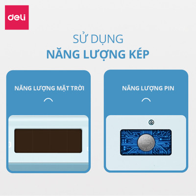 Máy tính cầm tay bỏ túi 12 số để bàn Deli có thể dùng năng lượng mặt trời và pin - Phù hợp văn phòng và học sinh - Nhiều màu - 1200
