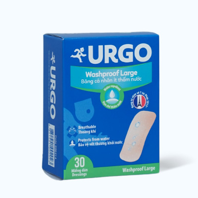 Băng cá nhân ít thấm nước URGO Washproof Large bảo vệ vết thương khỏi nước 3.8cm x 7.2cm (30 miếng)