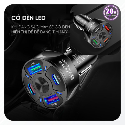 Tẩu Sạc Điện Thoại USB Type C Hỗ Trợ Sạc Nhanh 20W | Tẩu Sạc Điện Thoại 4 Cổng Sạc Tương Thích Với Nhiều Thiết Bị, Có Công Nghệ Sạc Nhanh QC 3.0 PD 20W