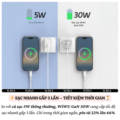 Bộ cóc củ dây sạc nhanh 30W USB C kèm dây Type C to Type C 60W PPS chống cháy hiệu WIWU GAN ESSEN Fast Charger cho iPhone 6 15 14 13 12 11 cho iPad S24 S25 Find Flip Fold - Hàng nhập khẩu