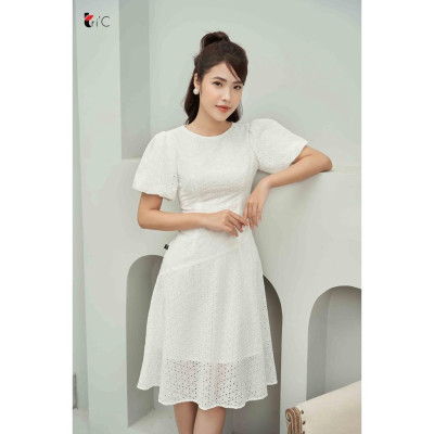 Đầm hoa thêu đục, tay bồng Tri