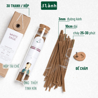Nhang Thủ Công Xô Thơm Trắng 3 Lành Hộp 30 Que 100 % Tự Nhiên Tặng Kèm Đế Chăm Không Hóa Chất Xông Thơm