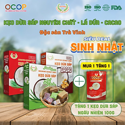 Kẹo dừa sáp VICOSAP vị cacao lá dứa nguyên chất kẹo mềm dẻo ít đường đặc sản Trà Vinh hộp 100g
