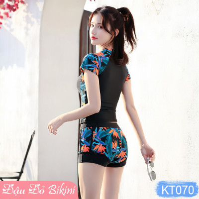 Bộ bơi nữ 2 mảnh thông dụng, áo cộc tay cùng quần bơi short 2 lớp trẻ trung, chất thun bơi lạnh co giãn cao, có sẵn đệm rời | KT070