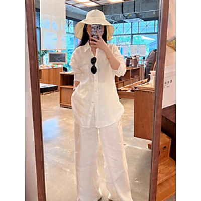 Set bộ gồm áo sơ mi dài tay và quần dài ống rộng thời trang, dễ mặc, phong cách Hàn Quốc 