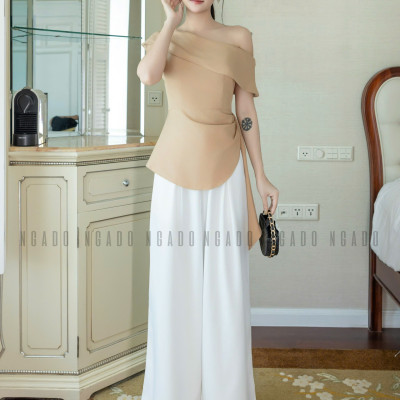 Set áo quần nude trắng lệch vai NGADO , set áo quần dài