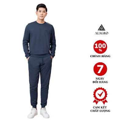 Bộ nỉ nam dài tay ALIGRO cổ tròn chất liệu nỉ 100% cotton form slim màu navy ALGBN.11