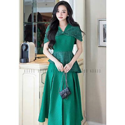 Set áo váy xanh lá tay phối nơ NGADO , đầm dự tiệc , đầm thiết kế