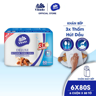 [MUA 1 THÙNG KHĂN BẾP CUỘN TẶNG 1 LỐC KHĂN RÚT SIZE M + ẤM TRÀ] Khăn giấy bếp đa năng siêu thấm Vinda Deluxe (6 Cuộn)