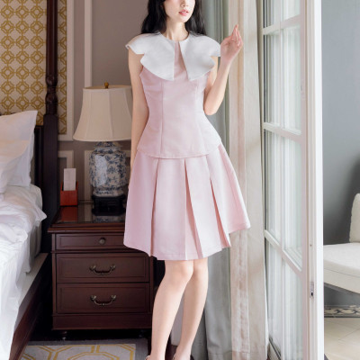 Set áo váy hồng cổ sen NGADO , set áo kèm váy , set váy xếp ly