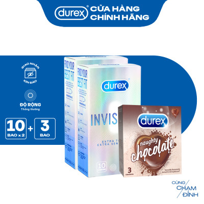 Bộ 2 hộp bao cao su Durex Invisible siêu mỏng (52mm, 10 bao/hộp)+ 1 Durex Naughty Chocolate hương choco (52mm, 3 bao/hộp)