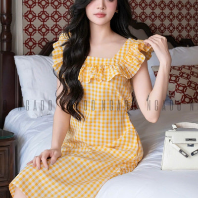 Đầm caro vàng phối cổ nhún NGADO , đầm caro , đầm kẻ ,  đầm dạo phố