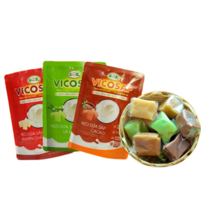 Combo 3 Kẹo dừa sáp VICOSAP vị cacao lá dứa kẹo mềm dẻo ít đường đặc sản Trà Vinh túi 100g