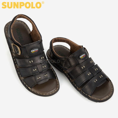 Xăng Đan Quai Ngang, Giày Sandal Nam Da Bò SUNPOLO SDA006 (Đen)