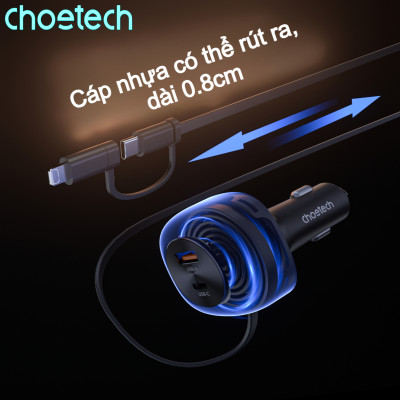 Tẩu sạc nhanh trên ô tô 75W Choetech TC0036 tích hợp cáp sạc rút Type C kèm đầu nối IP - Hàng chính hãng