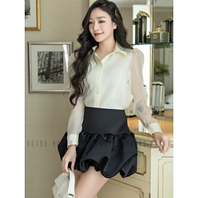 Set áo váy kem đen tùng bí NGADO , set áo váy ngắn tùng bí , set áo sơ mi