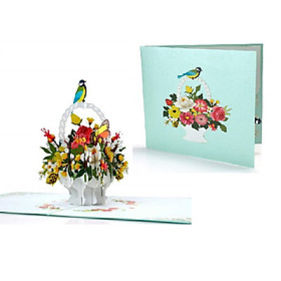 Thiệp 3D Pop Up Giỏ Hoa & Chim – Thiệp Hoa Chúc Mừng, Sinh Nhật, Tri Ân, Độc Đáo, F18