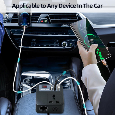 Bộ Chuyển Đổi, Biến Tần Đa Năng 12V/24V Sang 110V/220V Cho Xe hơi, Ô tô. 1 Type C - 2 cổng USB có sạc nhanh QC3.0, Bật Lửa