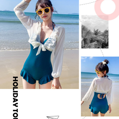 Bộ đồ bơi bikini nữ 1 mảnh đi tắm biển màu xanh kèm áo croptop trắng sang chảnh tôn dáng phong cách Hàn quốc - B04