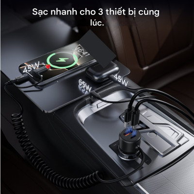Tẩu sạc nhanh 2 cổng trên ô tô 110W Choetech TC0038 tích hợp cáp lò xo Type C kèm đầu nối IP dài 1.5M (Hàng chính hãng)