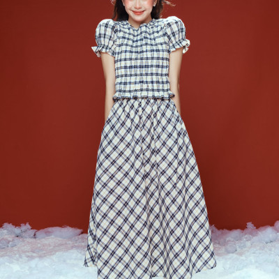DOTTIE - Chân váy midi kẻ ô - Xanh đen - S0253