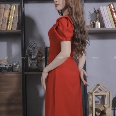 Váy Vải Trơn Cúc Trước Màu Đỏ Cao Cấp 23V059