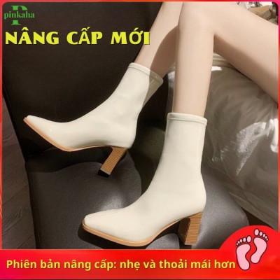 Giày Bốt Nữ Da Bóng Trắng Đen Ôm Chân Đẹp Gót 7 Phân Cổ cao Mũi Nhọn Không Có Khóa
