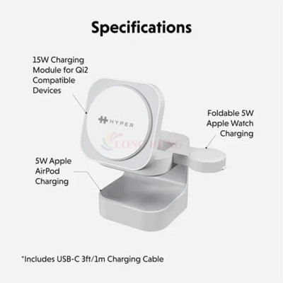 Đế sạc không dây HyperJuice Ultra-Portable Qi2 3-in-1 Magnetic Charging Stand HJ3320WHGL - Hàng chính hãng